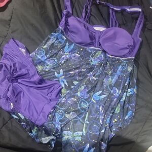 Purple and Blue Dragonfly Swimdress And Swimshorts Set Xxl